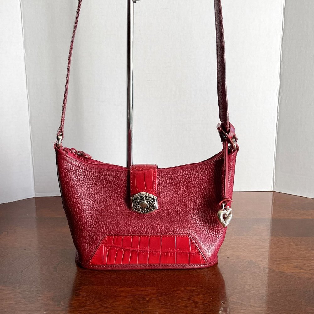 Brighton Mini Tote Black Leather Brown Croc Embossed Trim Silver Hearts